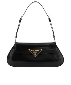 Prada Cleo Bag In Brushed Leather With Triangle Logo Black 24Cm