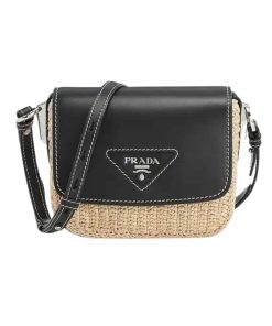 Prada Raffia And Leather Crossbody Bag Naturale Black 20Cm