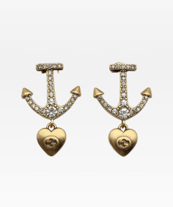 Gucci Gg Anchor Heart Crystal Gold Earrings