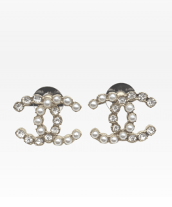 Chanel Cc Crystal Pearl Silver Earrings