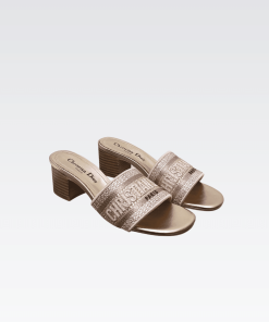 Dior Dway Heeled Slide Embroided Cotton Pink Gold