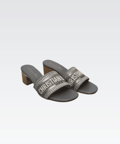 Dior Dway Heeled Slide Embroided Cotton Dark Grey