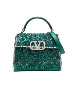 Valentino Garavani Vsling Handbag With Sparkling Crystals And Jewel Embroidery In Calfskin Green 20Cm