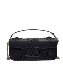 Valentino Garavani Loco Flower Applique Shoulder Bag Black 26Cm