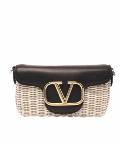 Valentino Loco Vlogo Flap Straw Shoulder Bag Black18Cm