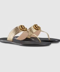 Gucci Double G Thong Leather Metallic Gold 497444 0B7N0 7100