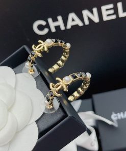 Chanel Gold &Amp; Black Metal Hoop Earrings