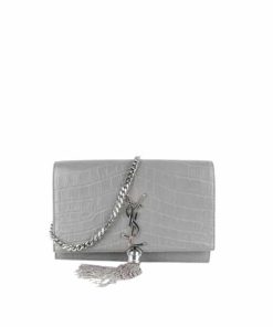 Saint Laurent Kate Monogram Shoulder Bag Crocodile Gray 20Cm