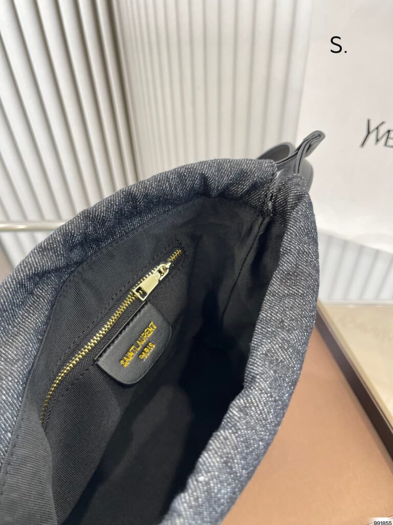 Saint Laurent Rive Gauche Laced Bucket Bag In Embroidered Felt And Smooth Leather Denim Black - Image 6