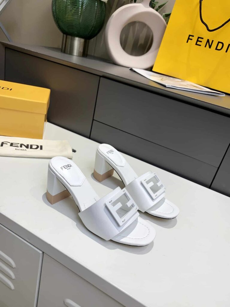 Fendi Signature Leather High Heel White - Image 7