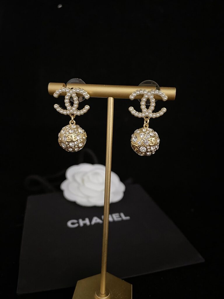 Chanel New Cc Gold Ball Crystal Pearl Drop Earrings - Image 3