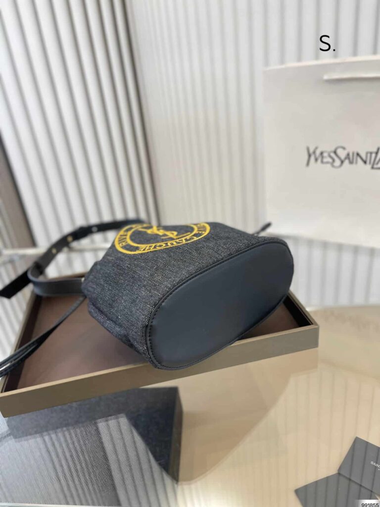 Saint Laurent Rive Gauche Laced Bucket Bag In Embroidered Felt And Smooth Leather Denim Black - Image 7