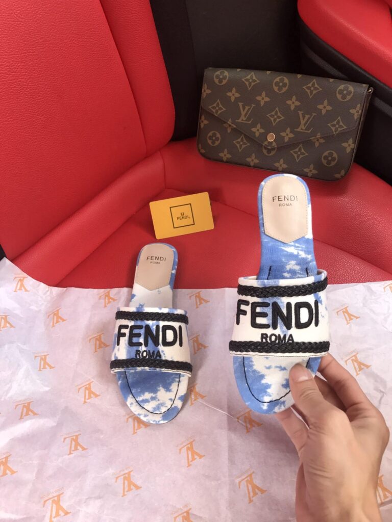 Fendi Logo-Embroidered Mule Slides Light Blue - Image 5