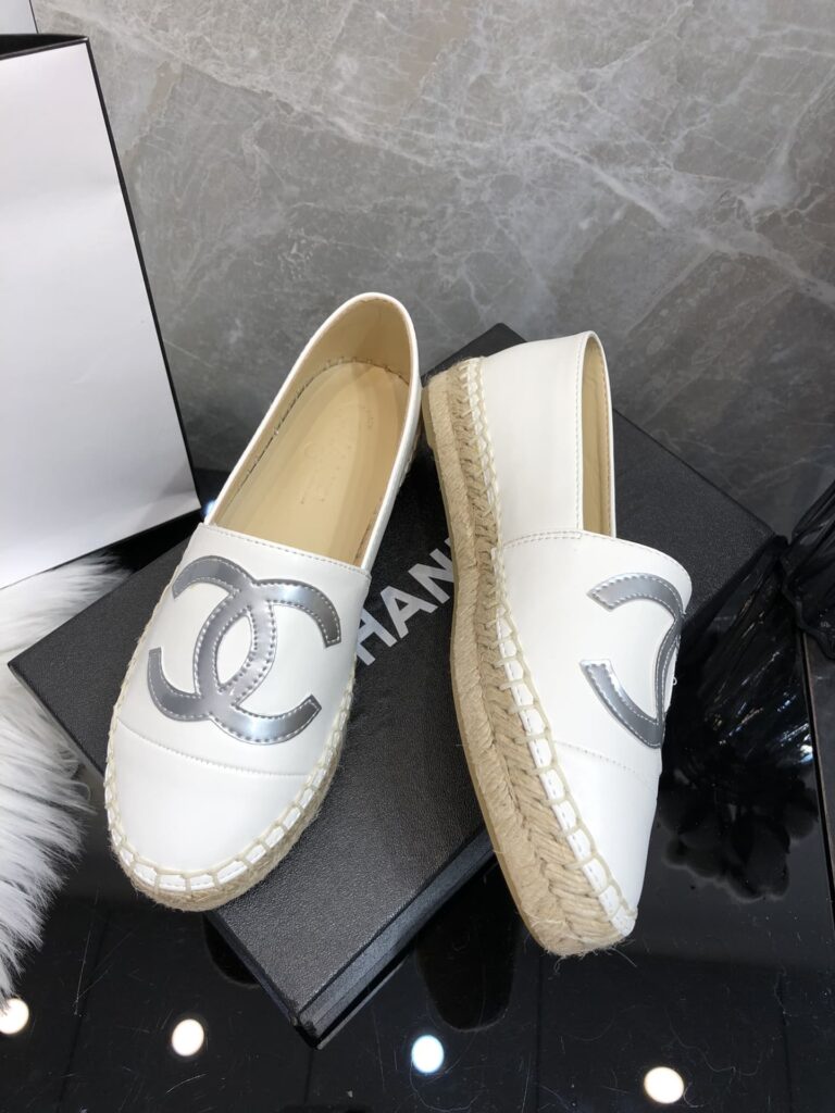 Chanel Embroidered Espadrille Leather Cap Toe Flats White Grey Logo Cc - Image 5