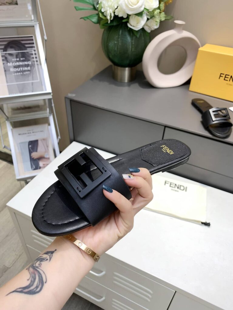 Fendi Signature Leather Sandals Slide Black 0400014271536 - Image 7