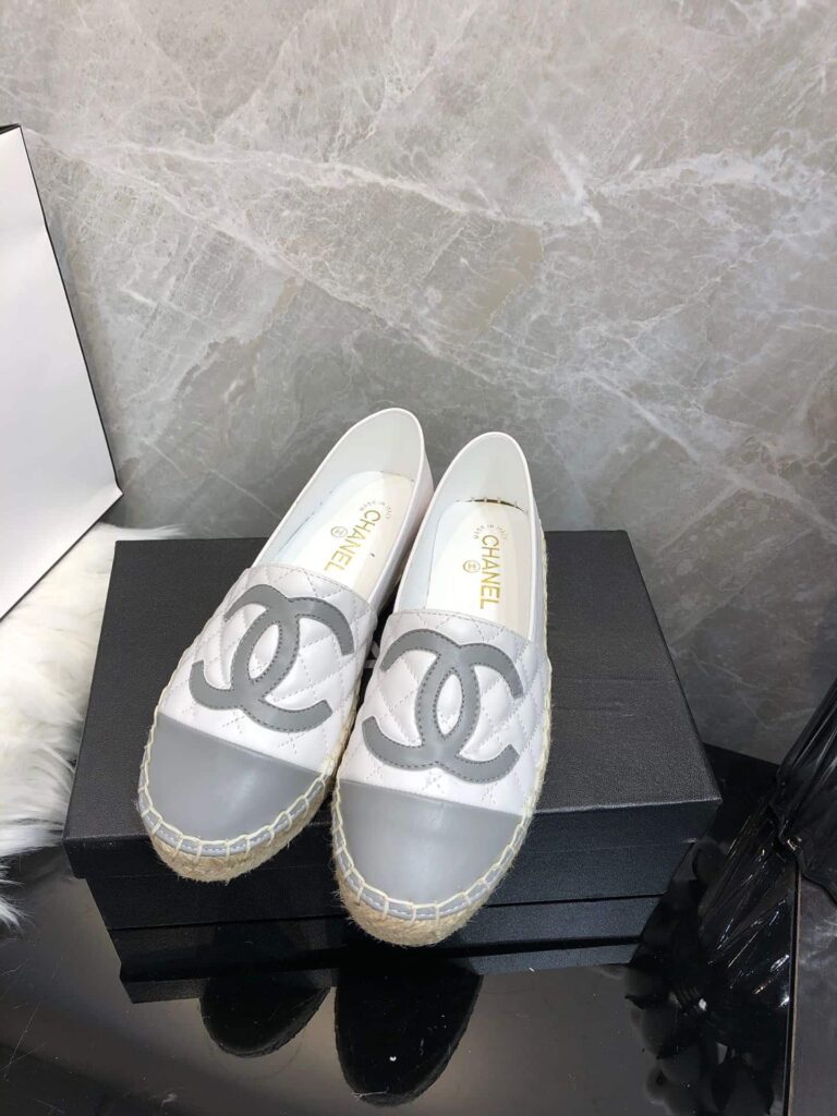 Chanel Embroidered Espadrille Leather Grey Cap Toe Flats White - Image 7