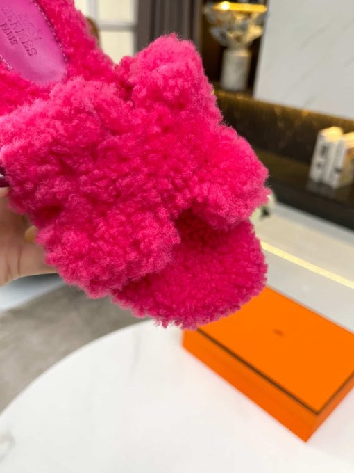 Hermes Shearling Oran Pink Slipper Sandals - Image 6