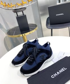 Chanel Velvet Low Top Sneakers Black And Dark Blue