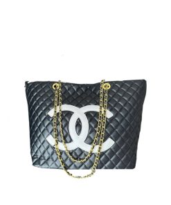 Chanel Cc Shopping Bag With Chain Lambskin Leather Black And White 32Cm