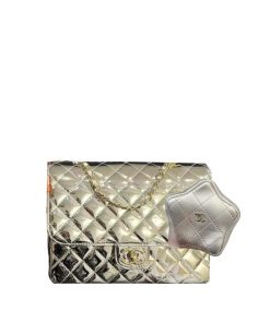 Chanel Flap Backpack And Star Coin Purse Metallic Lambskin Silver 23Cm
