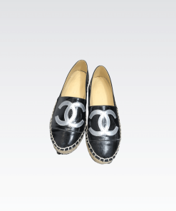Chanel Embroidered Espadrille Leather Cap Toe Flats Black Cc