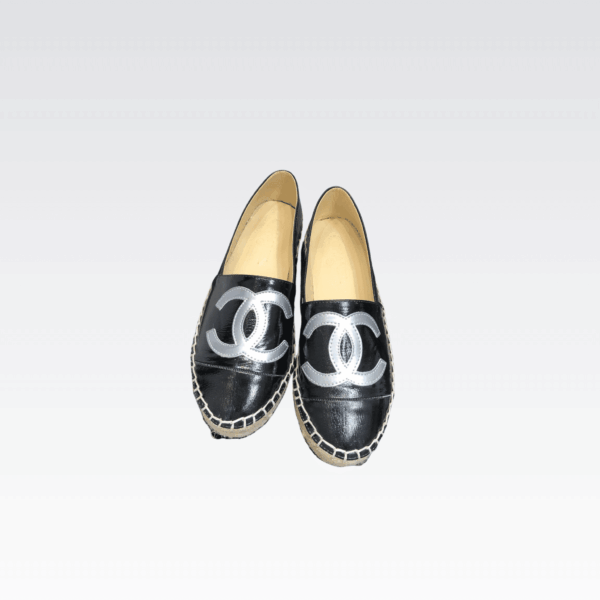 Chanel Embroidered Espadrille Leather Cap Toe Flats Black Cc