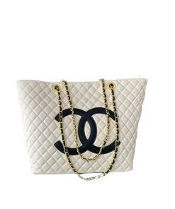 Chanel Cc Shopping Bag With Chain Lambskin Leather White 32Cm