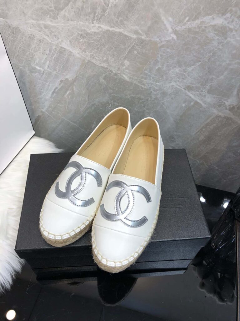 Chanel Embroidered Espadrille Leather Cap Toe Flats White Grey Logo Cc - Image 7