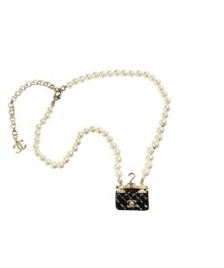 Chanel Pearl Metal Resin Quilted Flap Bag Necklace Gold