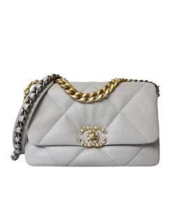 Chanel 19 Lambskin Quilted Handbag Light Grey 26Cm