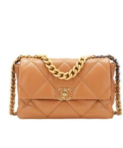 Chanel 19 Lambskin Quilted Handbag Light Brown 26Cm