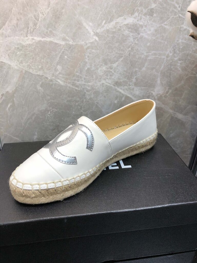 Chanel Embroidered Espadrille Leather Cap Toe Flats White Grey Logo Cc - Image 8