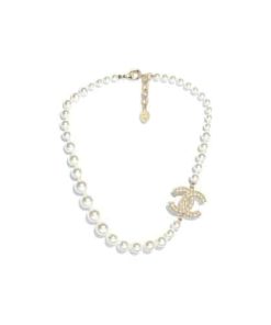 Chanel Metallic Silver Tone Coco Faux Pearl Cc Necklace