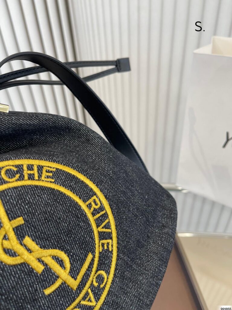 Saint Laurent Rive Gauche Laced Bucket Bag In Embroidered Felt And Smooth Leather Denim Black - Image 8