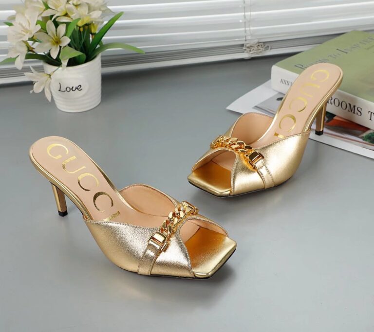 Gucci Chain Stiletto Heels Flip Flop Fish Mouth Mule Sandals Gold - Image 8