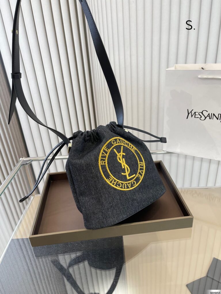 Saint Laurent Rive Gauche Laced Bucket Bag In Embroidered Felt And Smooth Leather Denim Black - Image 9