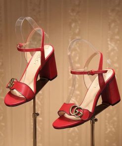 Gucci Double G Leather Mid Heel Sandal Red 453379 A3N00