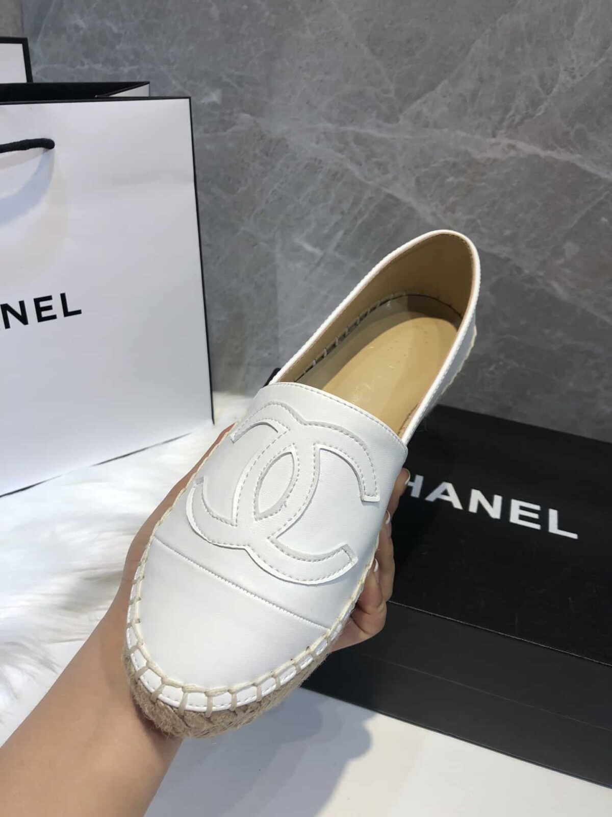 Chanel Embroidered Espadrille Leather Cap Toe Flats White - Image 9