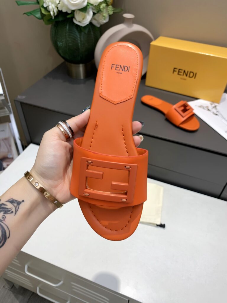 Fendi Signature Leather Sandals Slide Orange - Image 7