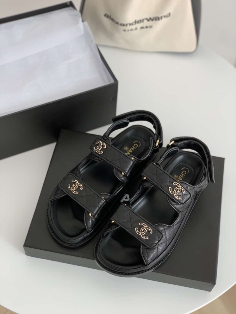 Chanel Cc Button Velcro Black Sandals Grained Calfskin Leather - Image 8