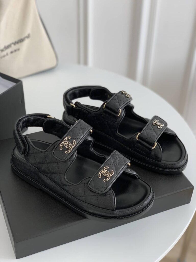 Chanel Cc Button Velcro Black Sandals Grained Calfskin Leather - Image 9