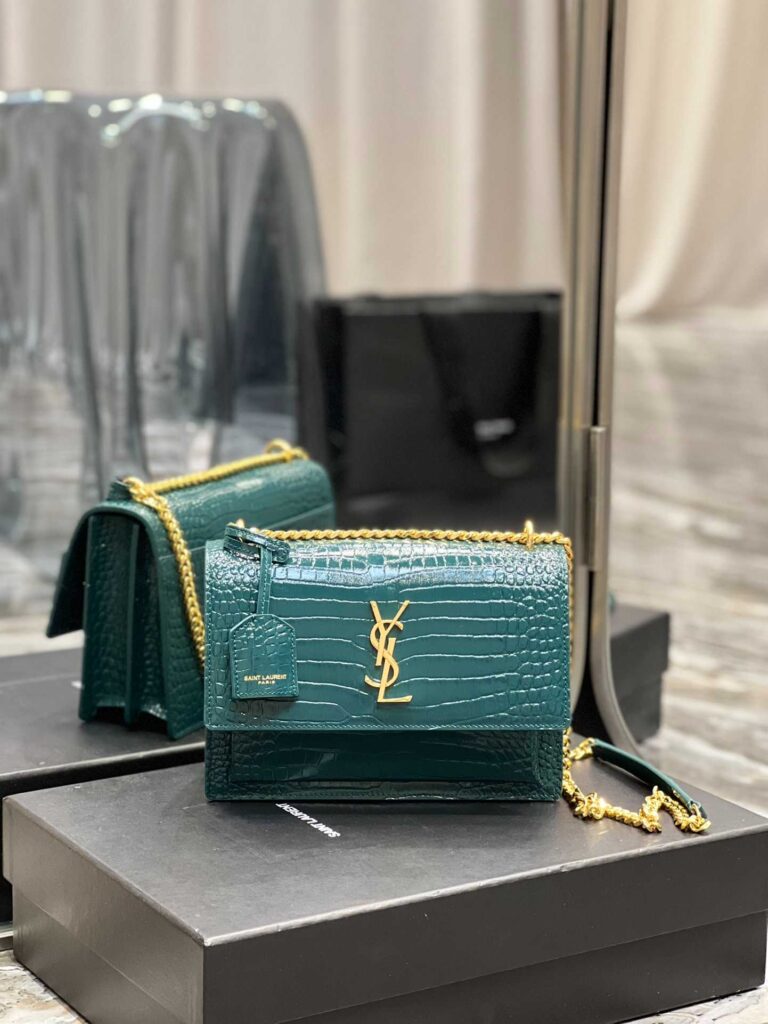 Saint Laurent Sunset Medium Chain Bag In Crocodile-Embossed Shiny Leather Mint 442906Dnd0J3144 - Image 10