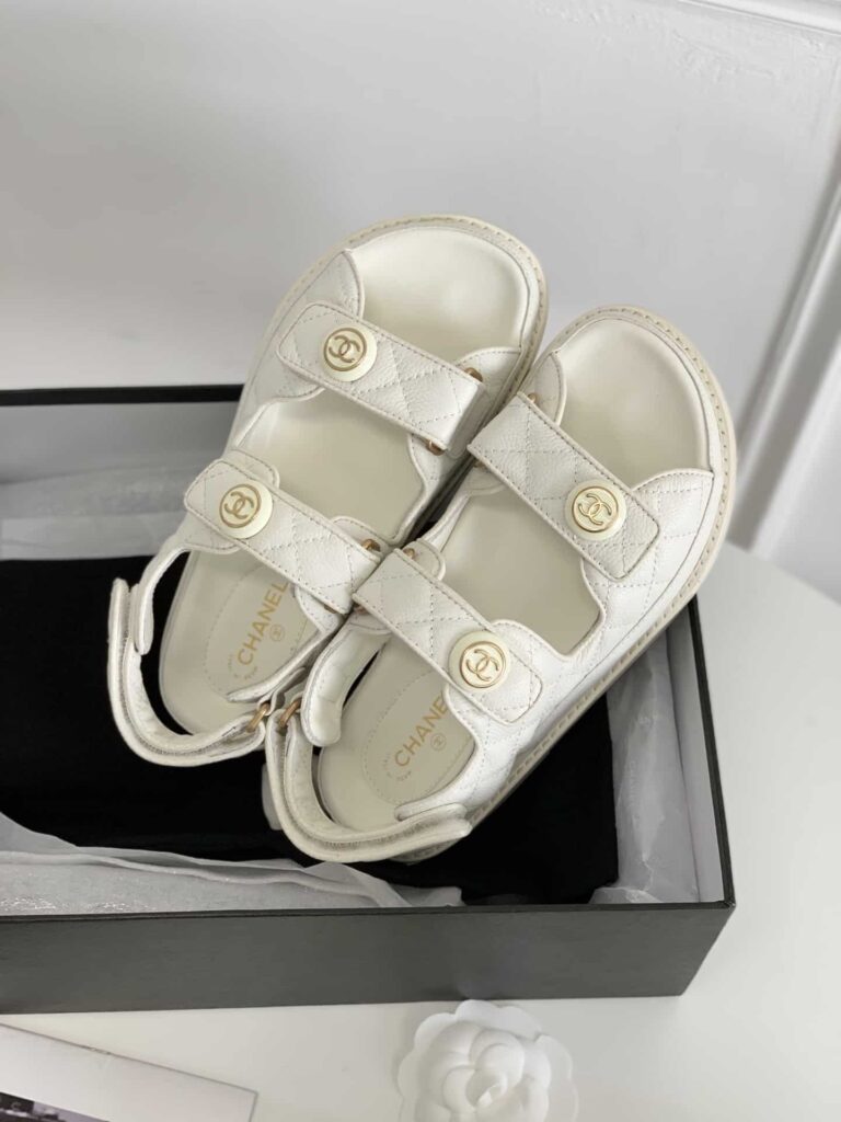 Chanel Cc Button Velcro White Sandals Grained Calfskin Leather - Image 9