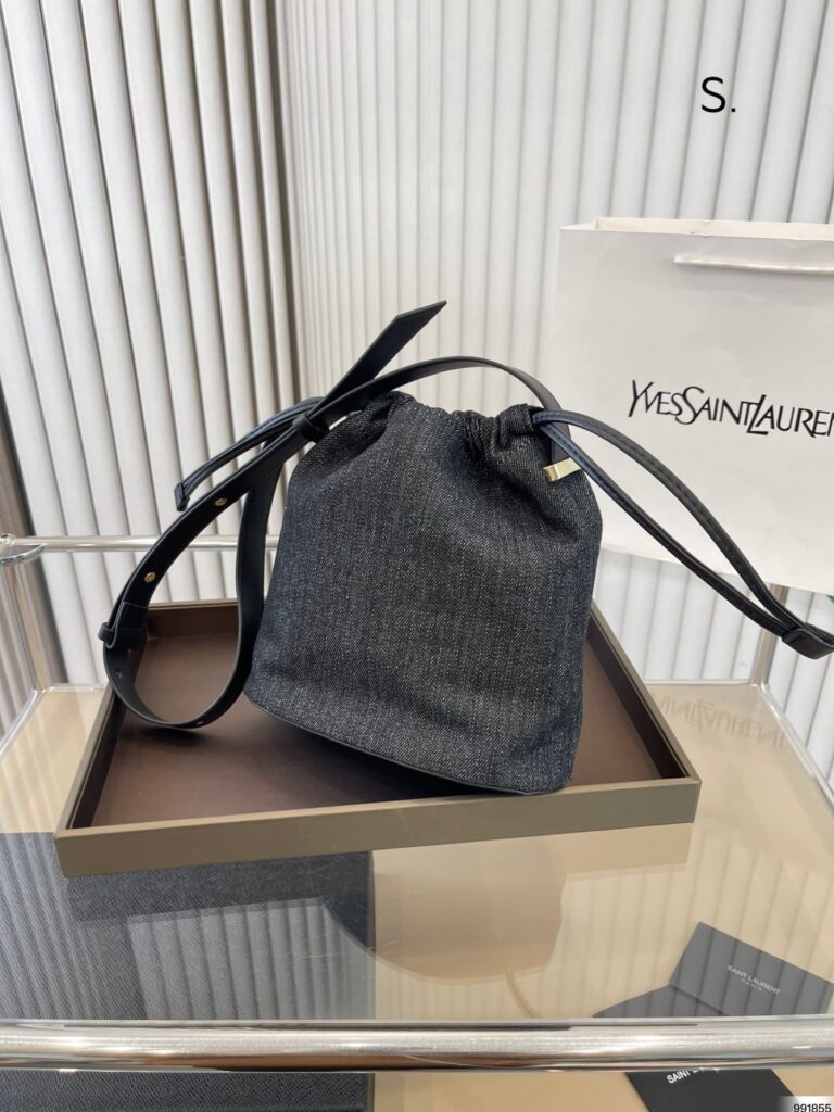 Saint Laurent Rive Gauche Laced Bucket Bag In Embroidered Felt And Smooth Leather Denim Black - Image 10