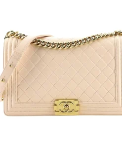 Chanel Medium Boy Quilted Lambskin Handbags Light Beige 25Cm