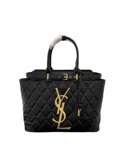 Saint Laurent Tote Bag With Gold Tone Buckle Quilted Lambskin Black 34Cm