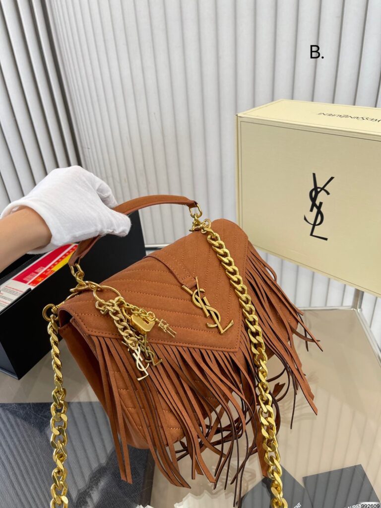 Saint Laurent College Medium Fringed Suede Shoulder Bag Brown 24Cm - Image 6