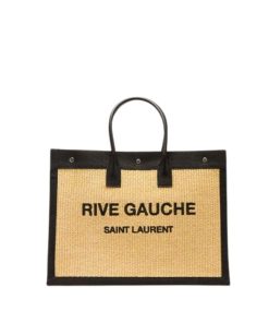Saint Laurent Rive Gauche Large Tote Bag In Glazed Leather Black And Beige 48Cm