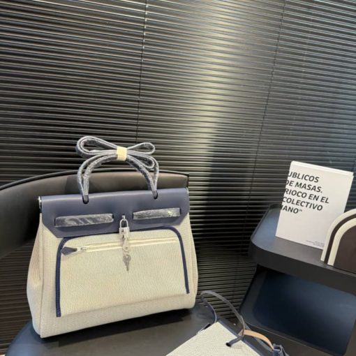 HERMES HERBAG 31 BRIDES DE GALA AND BLUE INDIGO BLUE ENAMEL 31CM - Image 7