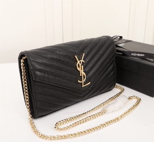 Saint Laurent Cassandre Matelasse Chain Wallet In Grain De Poudre Embossed Black Gold 22Cm 377828Bow011000 - Image 3